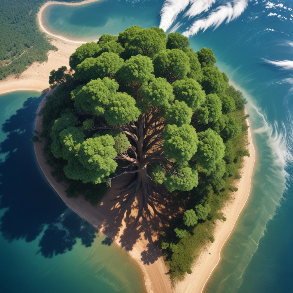 Un arbre immense sur un ilot de sable au milieu de l'océan. 